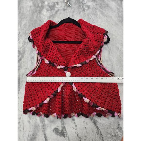 Vintage Homemade Crochet Knit Crop Circle Vest Size M Red Pink Brown Tan Button - Picture 4 of 6